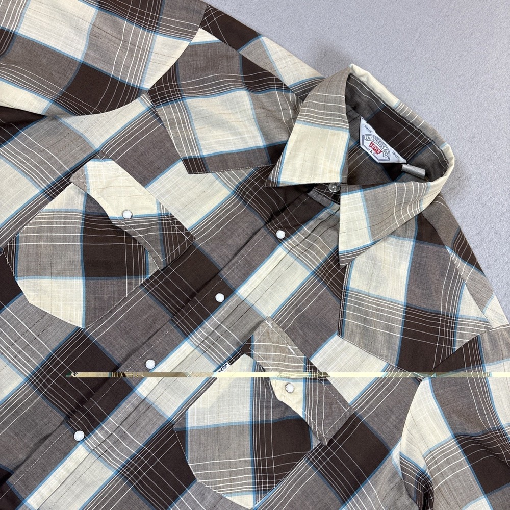 VTG Levi's Strauss Mens Western L Short Sleeve Pearl Snap Shirt Brown Plaid 80's